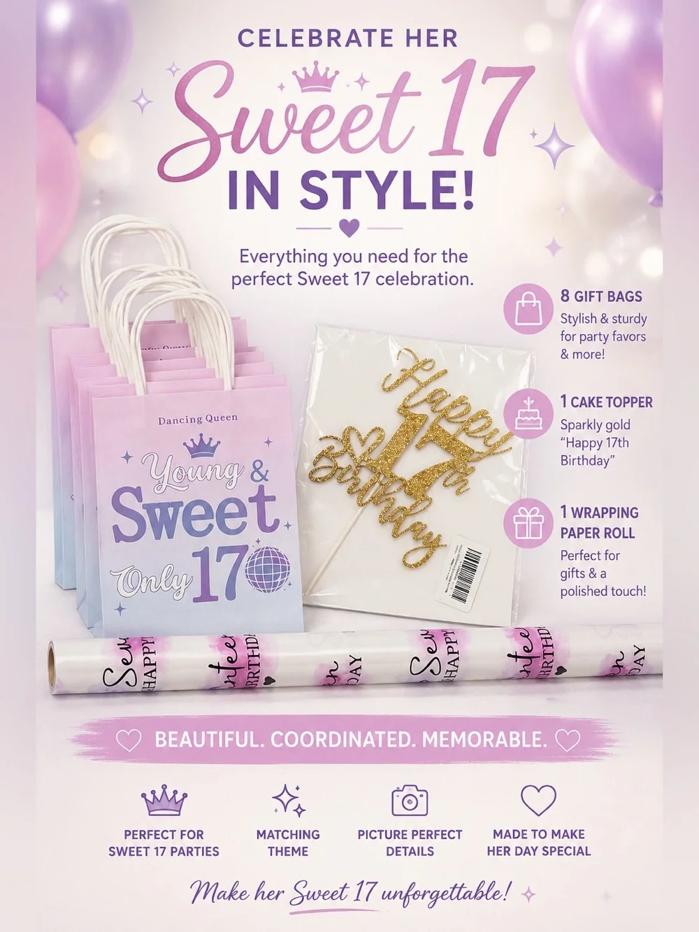 17th Birthday Party Bundle – Sweet 17 Bags, Cake Topper, Gift Wrap